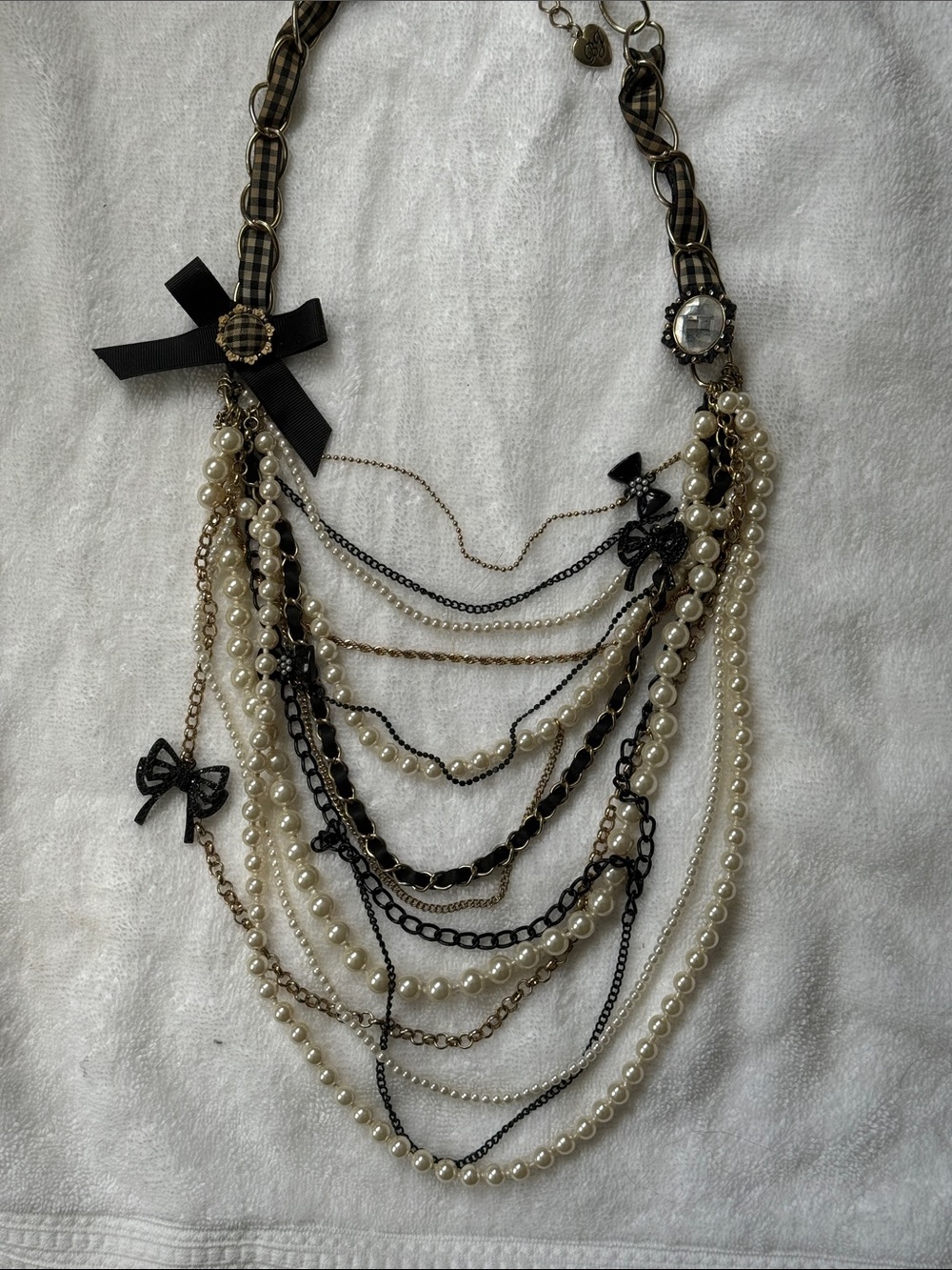 Vintage Betsey Johnson Layered Pearl and Bow Statement Necklace - Black & Cream